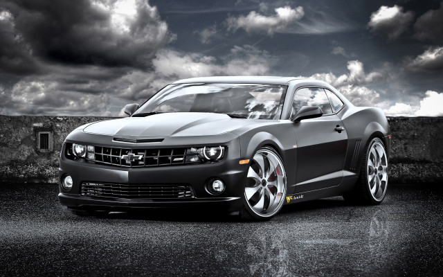 Black white chevrolet camaro cloudy free wallpaper for desktop - medium preview image