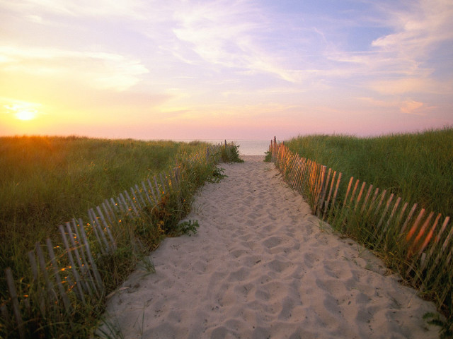 Sunset beach path fence grass free wallpaper for desktop - medium preview image