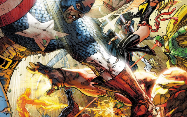 Superheroes fighting fire hydrant comic free wallpaper for desktop - medium preview image