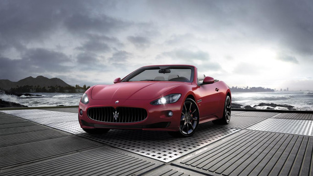 Red maserati dock ocean cloudy free wallpaper for desktop - medium preview image