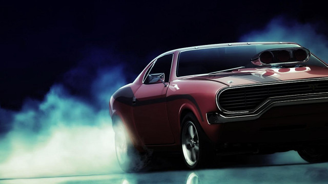 Red car foggy street night free wallpaper for desktop - medium preview image