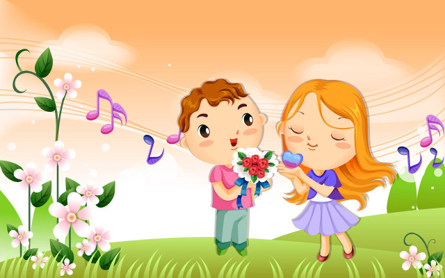 Boy giving girl flower bouquet free wallpaper for desktop - medium preview image