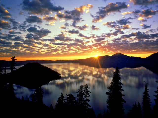 Sunset lake trees mountains clouds free wallpaper for desktop - medium preview image