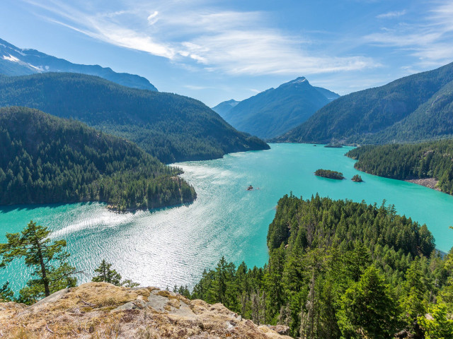 Lake mountains trees sunny boat free wallpaper for desktop - medium preview image