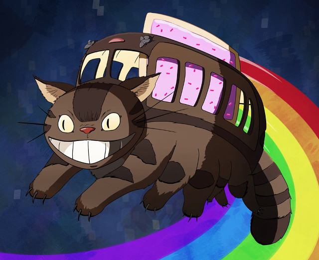 Cat flying rainbow bus foreground free wallpaper for desktop - medium preview image