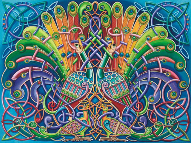 Peacock celtic design blue background free wallpaper for desktop - medium preview image