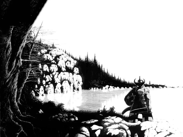 Black white man backpack lake free wallpaper for desktop - medium preview image