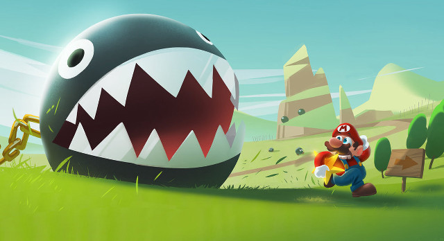 Mario running giant egg shark free wallpaper for desktop - medium preview image