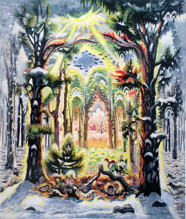 Forest sunlight person distance painting free wallpaper for mobile - medium preview image