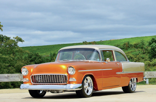 Orange white car parked street free wallpaper for desktop - medium preview image