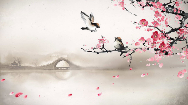 Birds branch pink flowers bridge free wallpaper for desktop - medium preview image