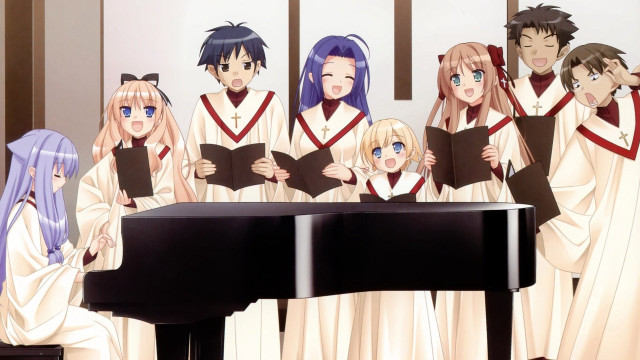 Group people piano keyboard standing free wallpaper for desktop - medium preview image