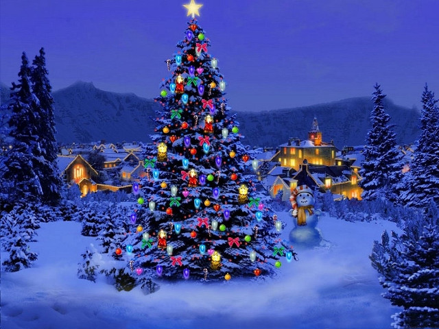 Christmas tree snow village night free wallpaper for desktop - medium preview image