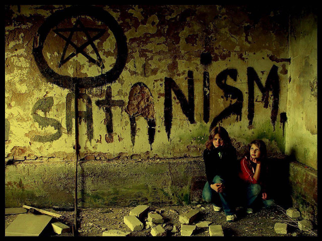 Girls sitting graffiti wall pentagram #2 free wallpaper for desktop - medium preview image