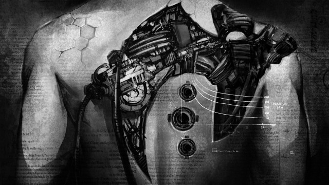 Futuristic man machine back pocket free wallpaper for desktop - medium preview image