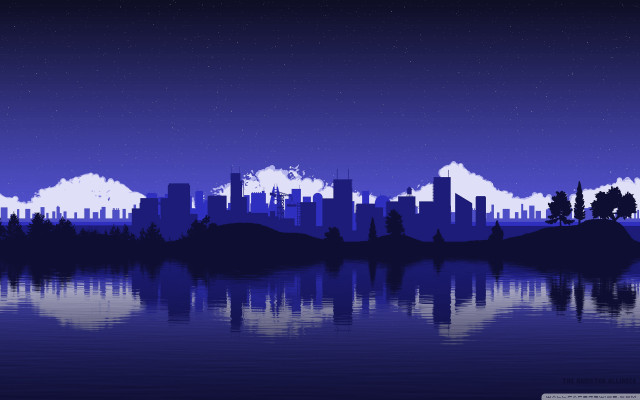 City skyline lake trees nighttime free wallpaper for desktop - medium preview image