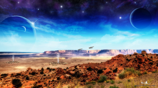 Desert mountain sky planets plane free wallpaper for desktop - medium preview image