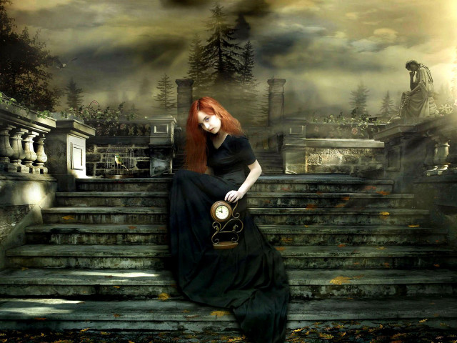 Woman stairs clock creepy background free wallpaper for desktop - medium preview image