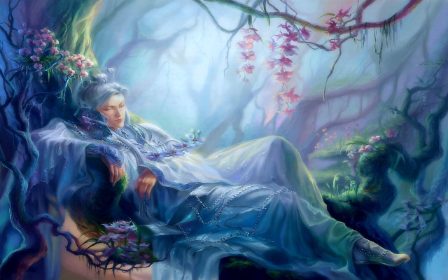 Woman bench forest flowers head free wallpaper for desktop - medium preview image