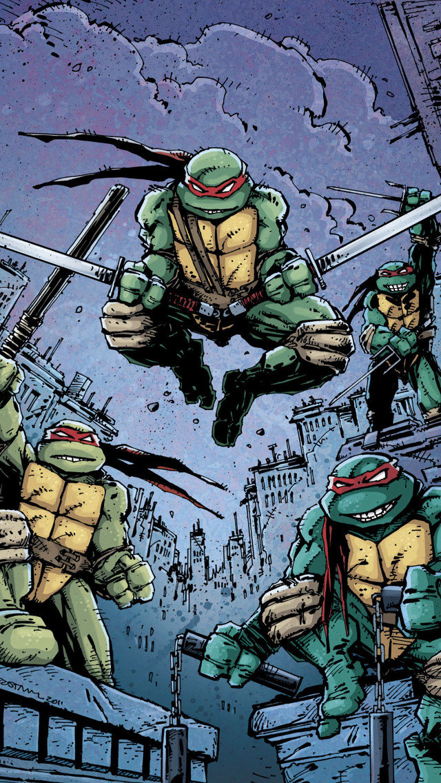 Teenaged ninja cityscape comic jump free wallpaper for mobile - medium preview image