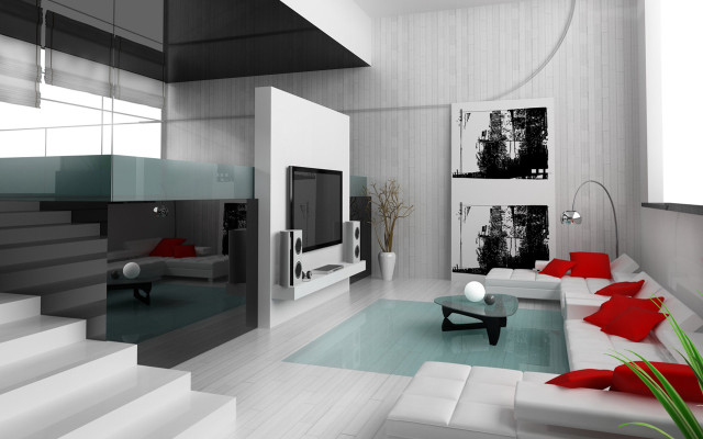 Modern livingroom white couch red free wallpaper for desktop - medium preview image