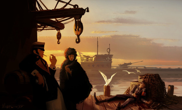 Man woman dock boat seagulls free wallpaper for desktop - medium preview image