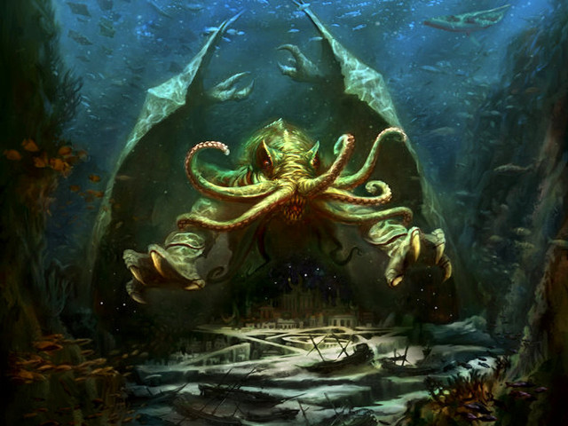 Octopus swimming gigantic fish cave free wallpaper for desktop - medium preview image