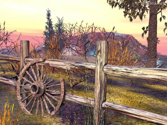 Wooden fence wheel tree sunset free wallpaper for desktop - medium preview image