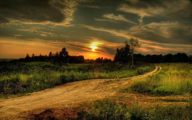 Dirt road grassy field sunset free wallpaper for desktop - medium preview image