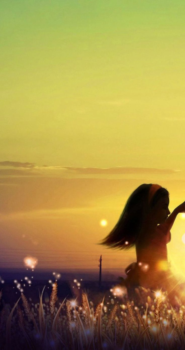 Girl holding dandelion field sunset free wallpaper for mobile - medium preview image