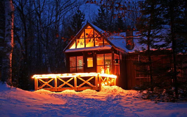 Cabin candle snow night porch free wallpaper for desktop - medium preview image