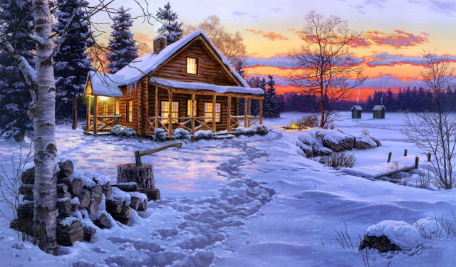 Cabin snow sunset path fireplace free wallpaper for desktop - medium preview image