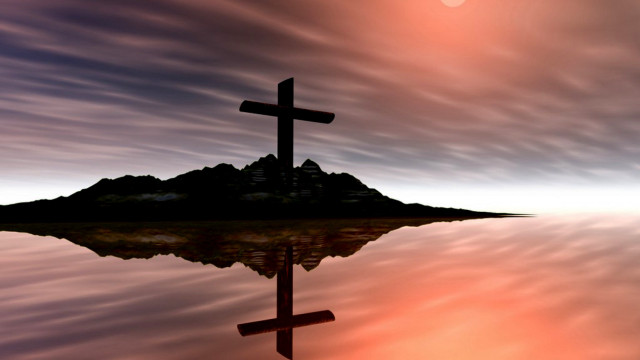 Cross reflection lake sunset mountain free wallpaper for desktop - medium preview image