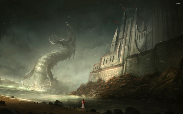 Giant dragon castle cliff water free wallpaper for desktop - medium preview image