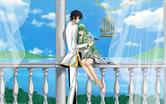 Anime couple balcony birdcage sitting free wallpaper for desktop - medium preview image