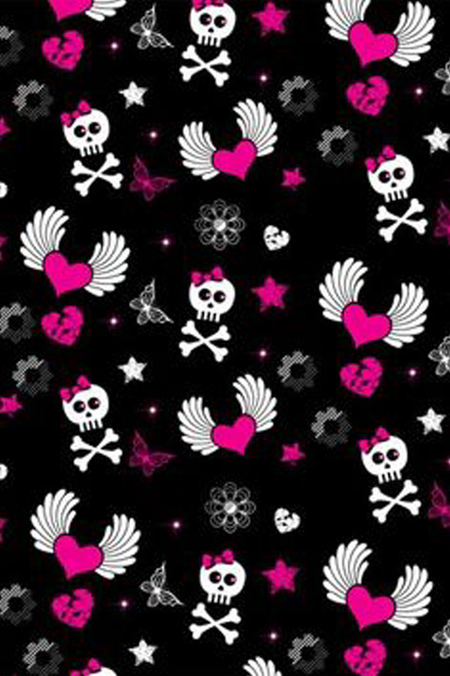 Black background pink white skulls free wallpaper for mobile - medium preview image
