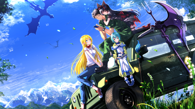 Anime characters truck field grass free wallpaper for desktop - medium preview image