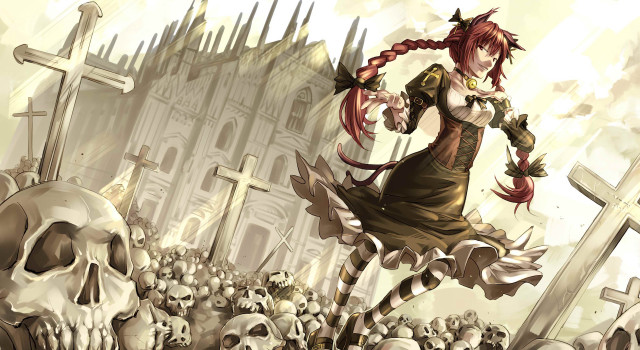 Red hair woman skull graveyard free wallpaper for desktop - medium preview image