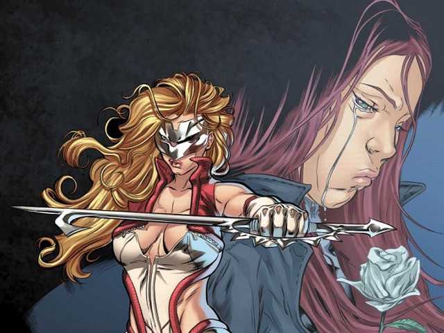 Woman sword man rose facing free wallpaper for desktop - medium preview image