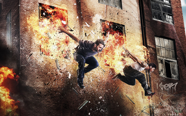 Man jumping skateboard building fire free wallpaper for desktop - medium preview image