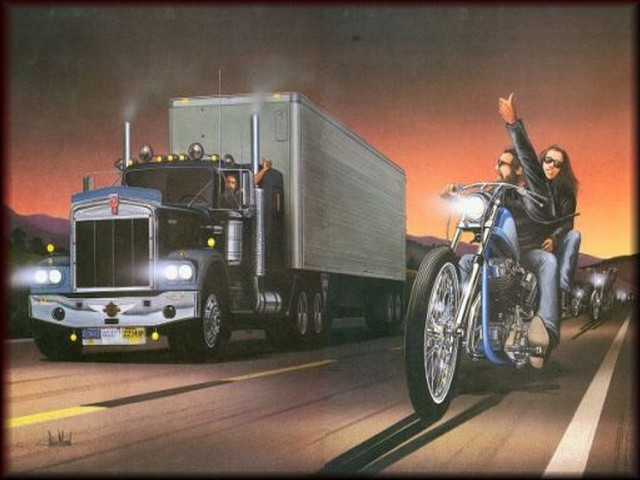Man motorcycle semi truck highway free wallpaper for desktop - medium preview image