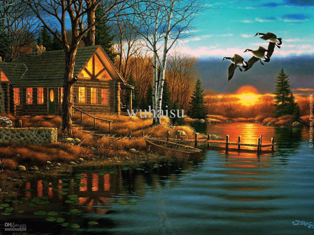 Cabin water ducks sunset house free wallpaper for desktop - medium preview image