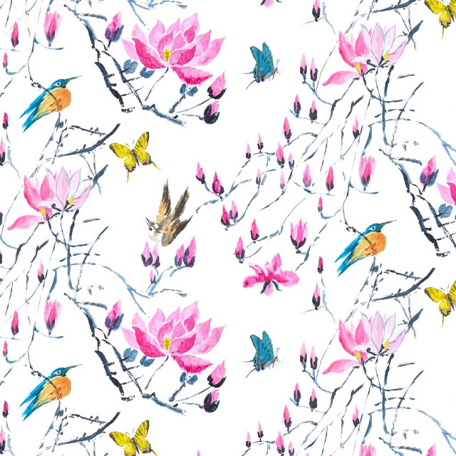 Birds flowers white background pink free wallpaper for tablet - medium preview image