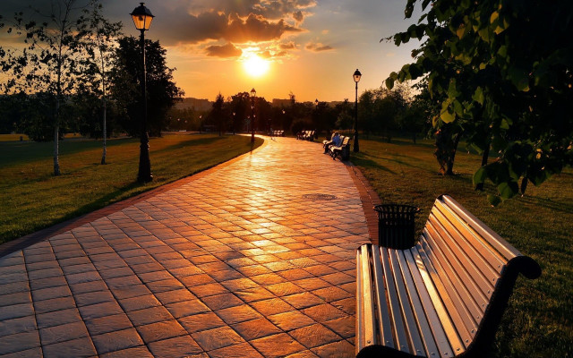 Park bench brick walkway sunset free wallpaper for desktop - medium preview image