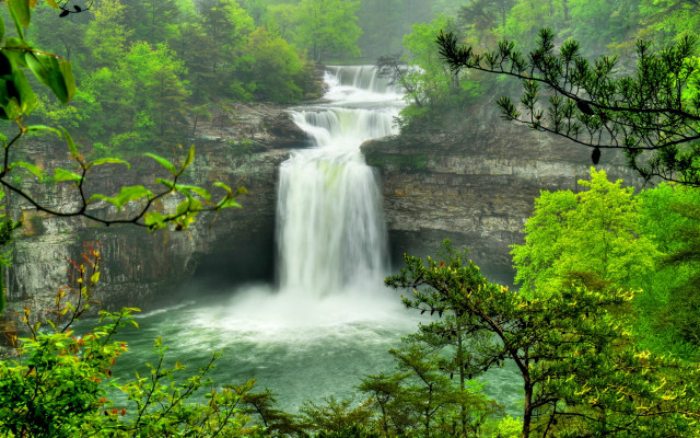 Waterfall forest trees foggy sky free wallpaper for desktop - medium preview image