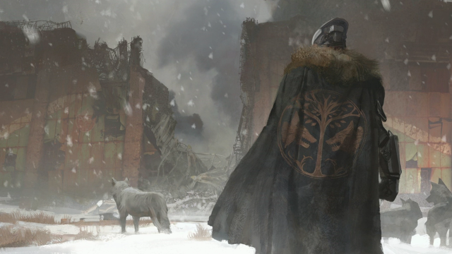 Man cloak wolf snowy city free wallpaper for desktop - medium preview image