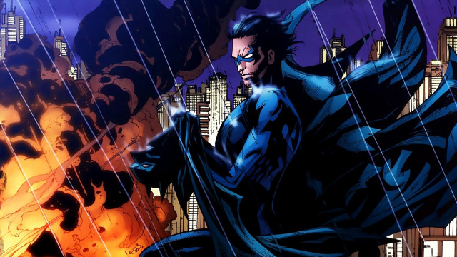 Man blue suit flying bat free wallpaper for desktop - medium preview image