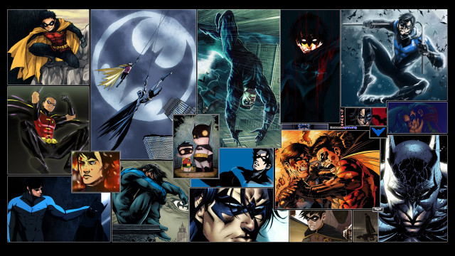 Batman collage comic characters glowing free wallpaper for desktop - medium preview image