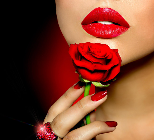 Woman red lipstick holding rose free wallpaper for tablet - medium preview image