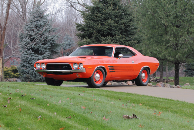 Orange muscle car parked autumn free wallpaper for desktop - medium preview image